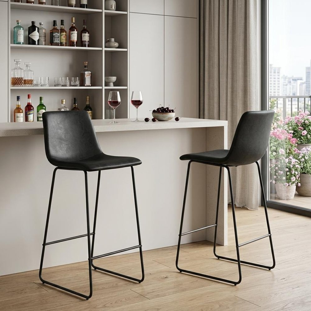 Set of Two 29" Black Faux Leather And Aluminum Bar Height Bar Chairs
