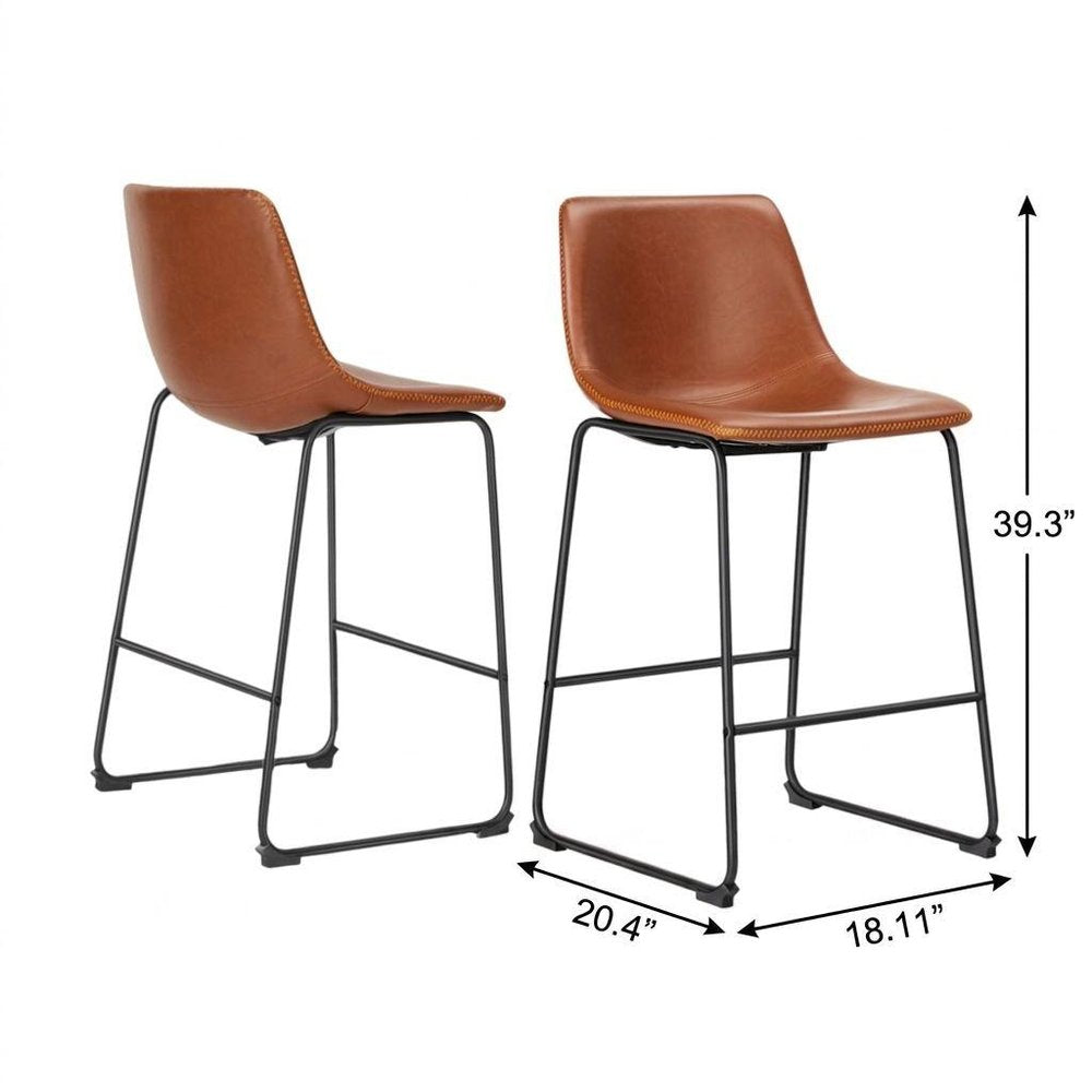Set of Two 29" Brown And Black Faux Leather And Aluminum Bar Height Bar Chairs