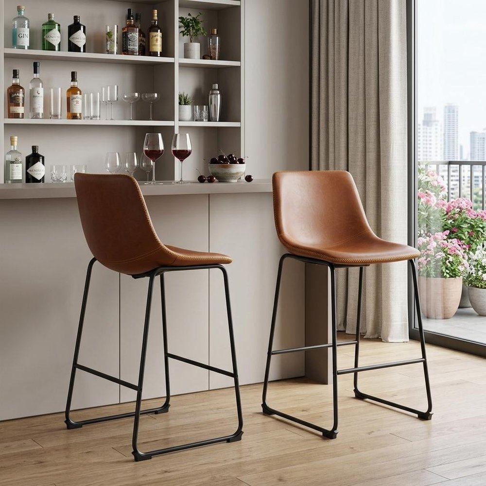 Set of Two 29" Brown And Black Faux Leather And Aluminum Bar Height Bar Chairs