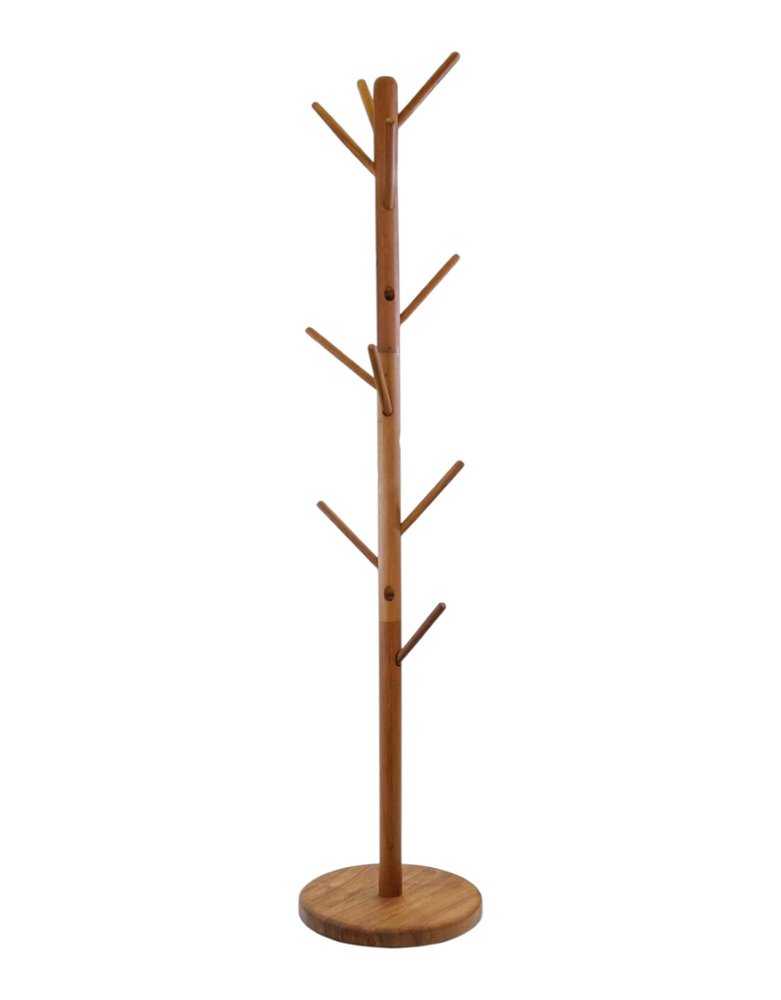 67" Brown Solid Wood Ten Hook Freestanding Coat Rack