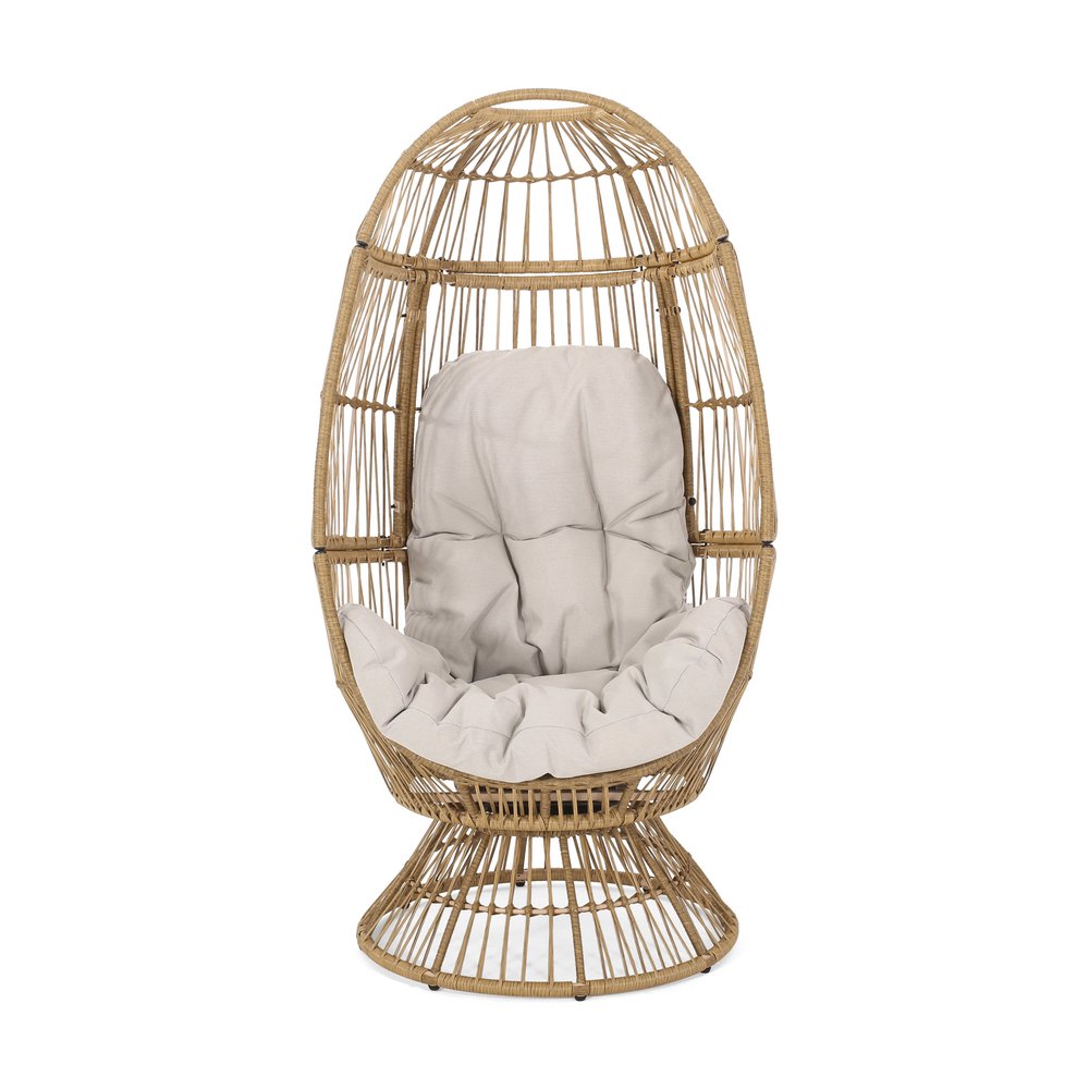 31" White Steel Outdoor Egg Chair with Cream Cushion