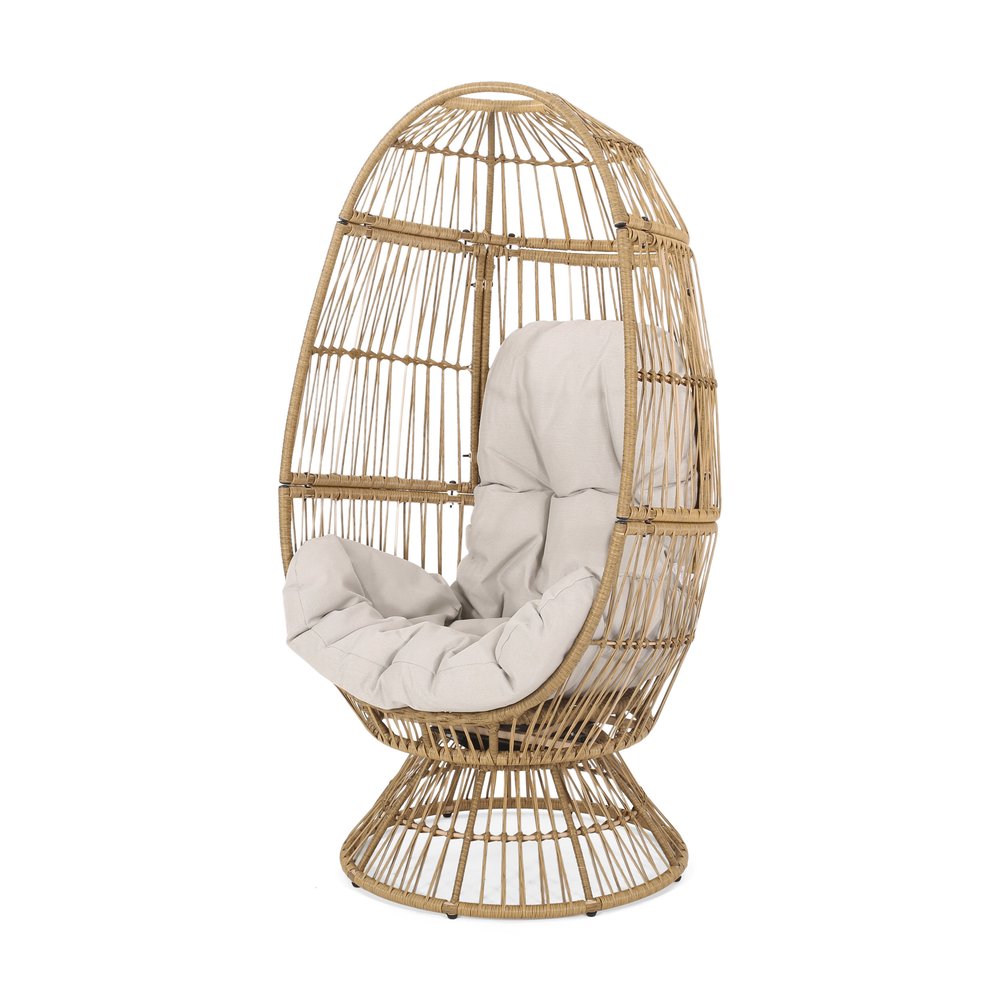 31" White Steel Outdoor Egg Chair with Cream Cushion
