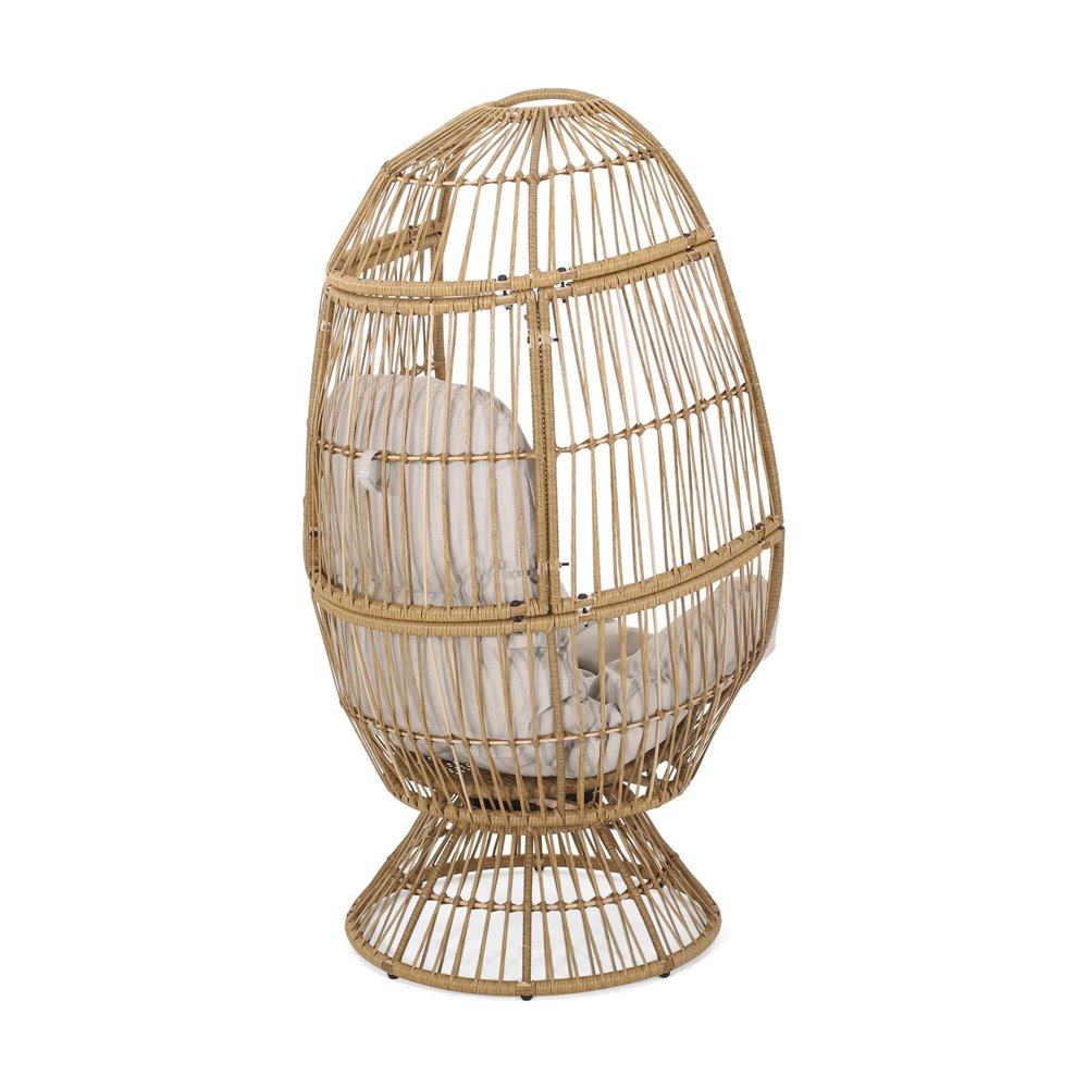 31" White Steel Outdoor Egg Chair with Cream Cushion