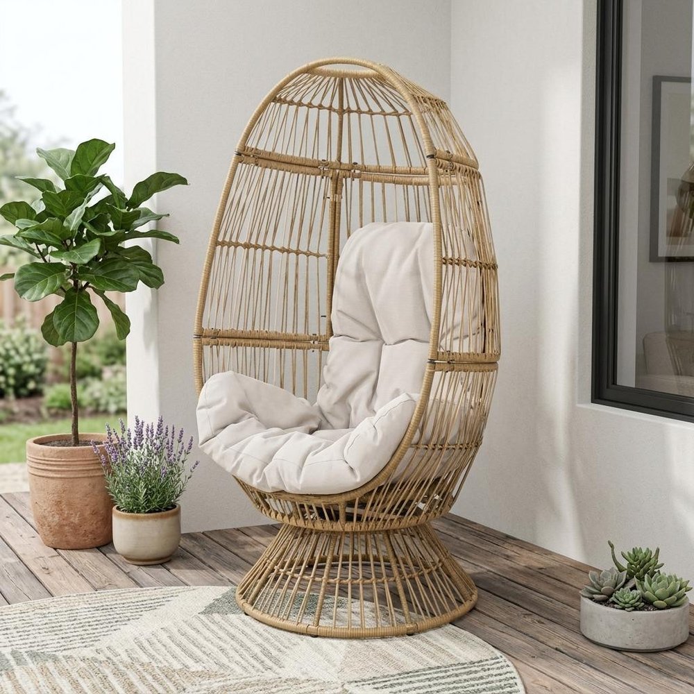 31" White Steel Outdoor Egg Chair with Cream Cushion