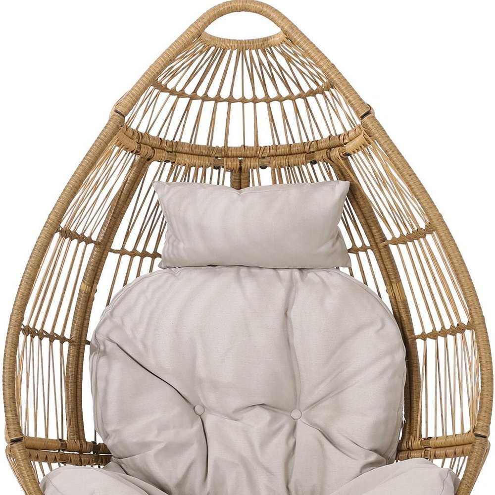 37" Beige Woven Faux Rattan Outdoor Egg Chair with Beige Cushion
