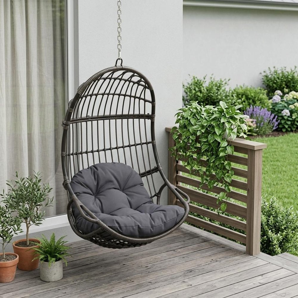 30" Gray Steel Outdoor Egg Chair with Gray Cushion
