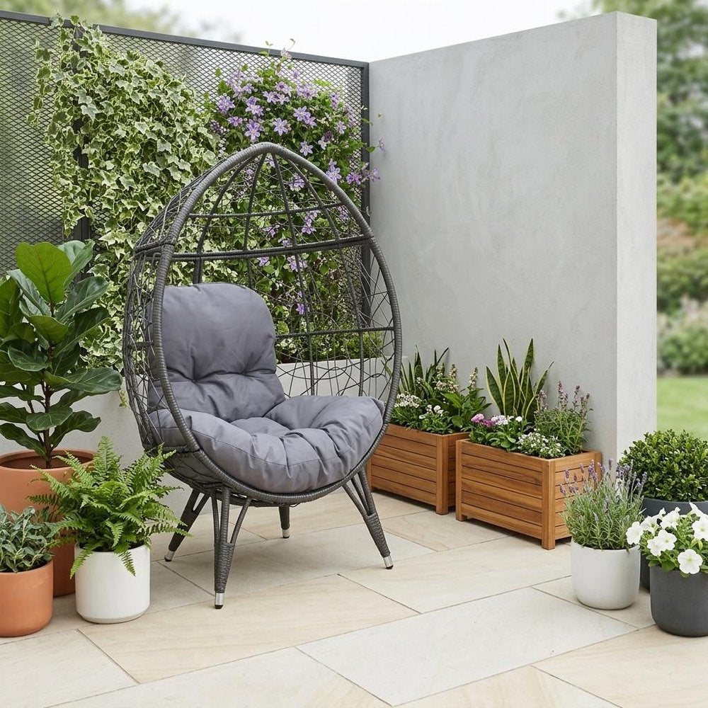 39" Gray Steel Outdoor Egg Chair with Gray Cushion