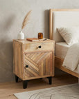 24" Natural Solid Wood Carved Geometric One Drawer Nightstand
