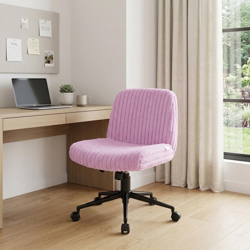 Pink and Black Adjustable Height Faux Fur Swivel Rolling Gaming Chair