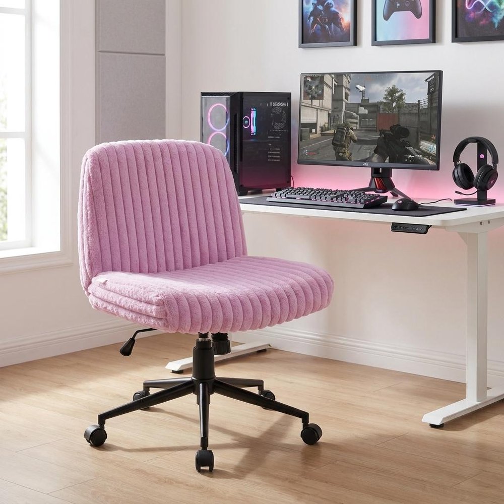 Pink and Black Adjustable Height Faux Fur Swivel Rolling Gaming Chair