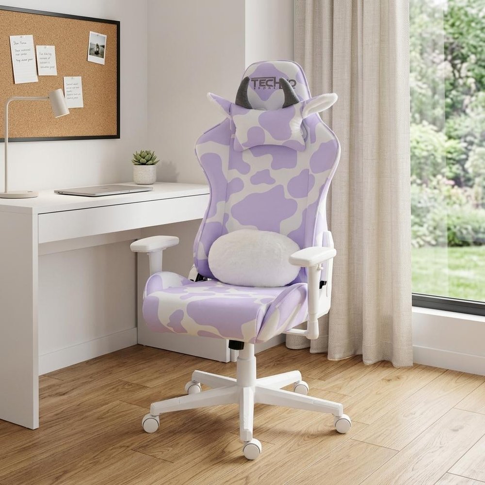 Black White And Pink Cow Print Adjustable Height Swivel Rolling Gaming Chair