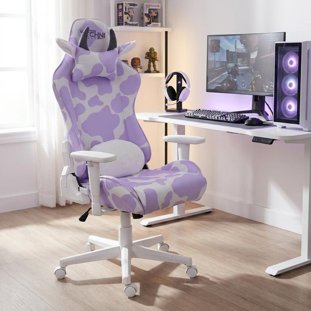 Black White And Pink Cow Print Adjustable Height Swivel Rolling Gaming Chair
