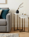Set of Two White and Antiqued Gold Marble and Iron Round Cross Legs Nested Tables