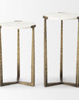 Set of Two White and Antiqued Gold Marble and Iron Round Cross Legs Nested Tables