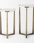 Set of Two White and Antiqued Gold Marble and Iron Round Cross Legs Nested Tables