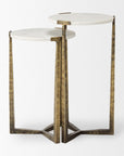 Set of Two White and Antiqued Gold Marble and Iron Round Cross Legs Nested Tables