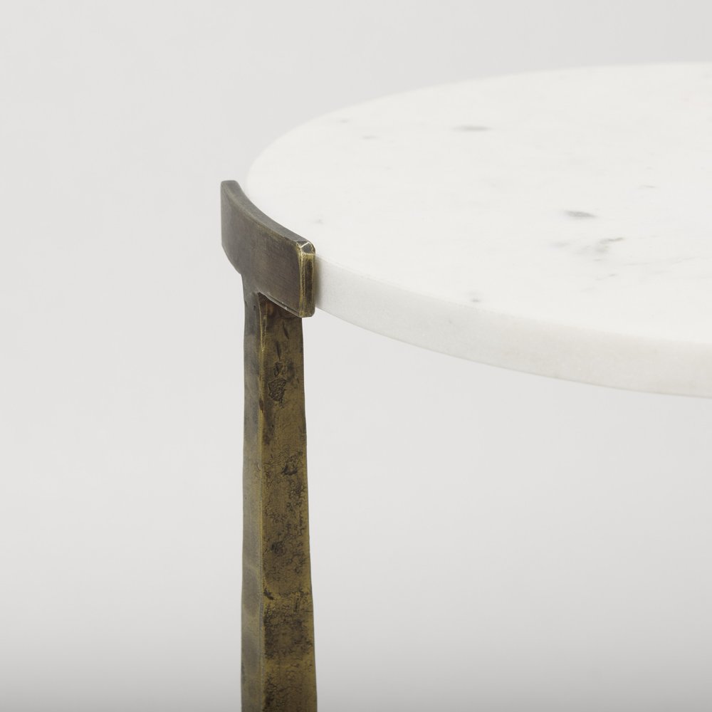 Set of Two White and Antiqued Gold Marble and Iron Round Cross Legs Nested Tables