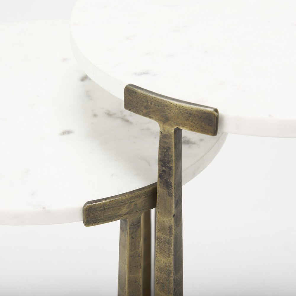 Set of Two White and Antiqued Gold Marble and Iron Round Cross Legs Nested Tables