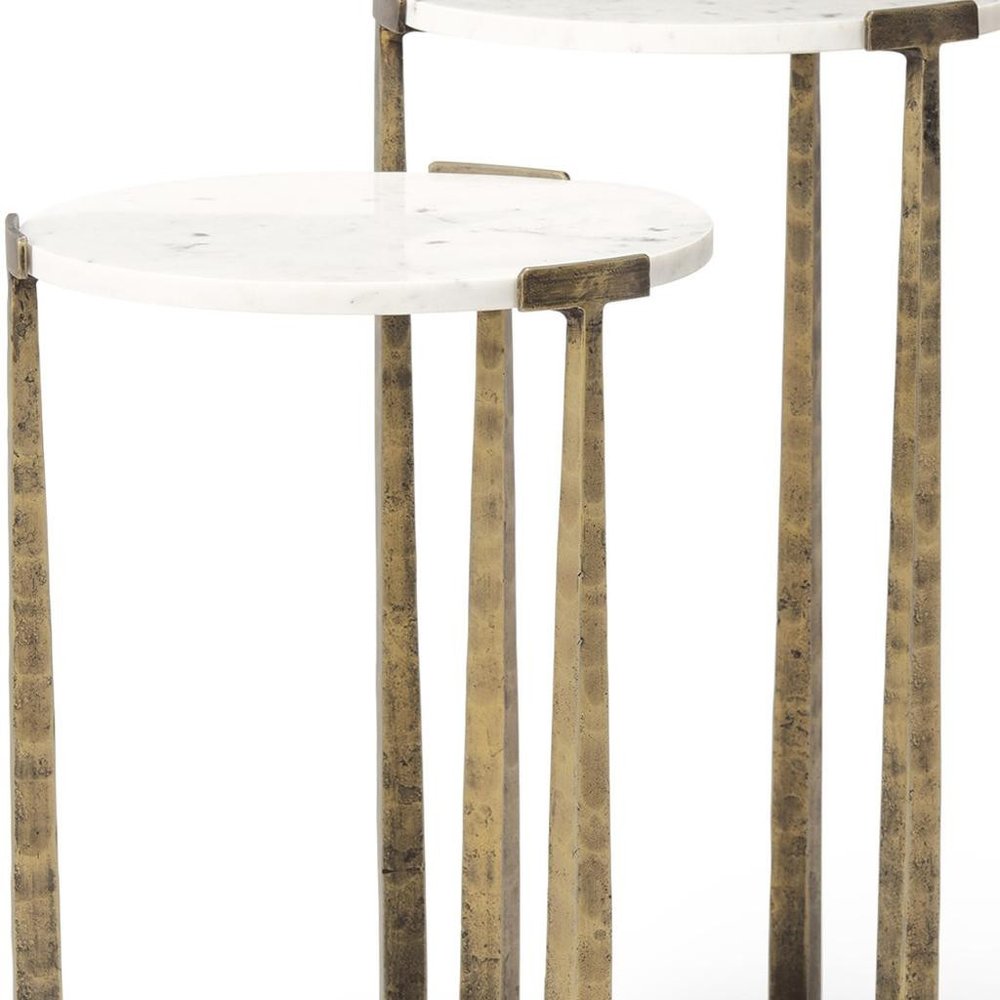 Set of Two White and Antiqued Gold Marble and Iron Round Cross Legs Nested Tables