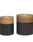 Set of Two Beige and Black Rattan and Solid Wood Round Drum Nested Tables