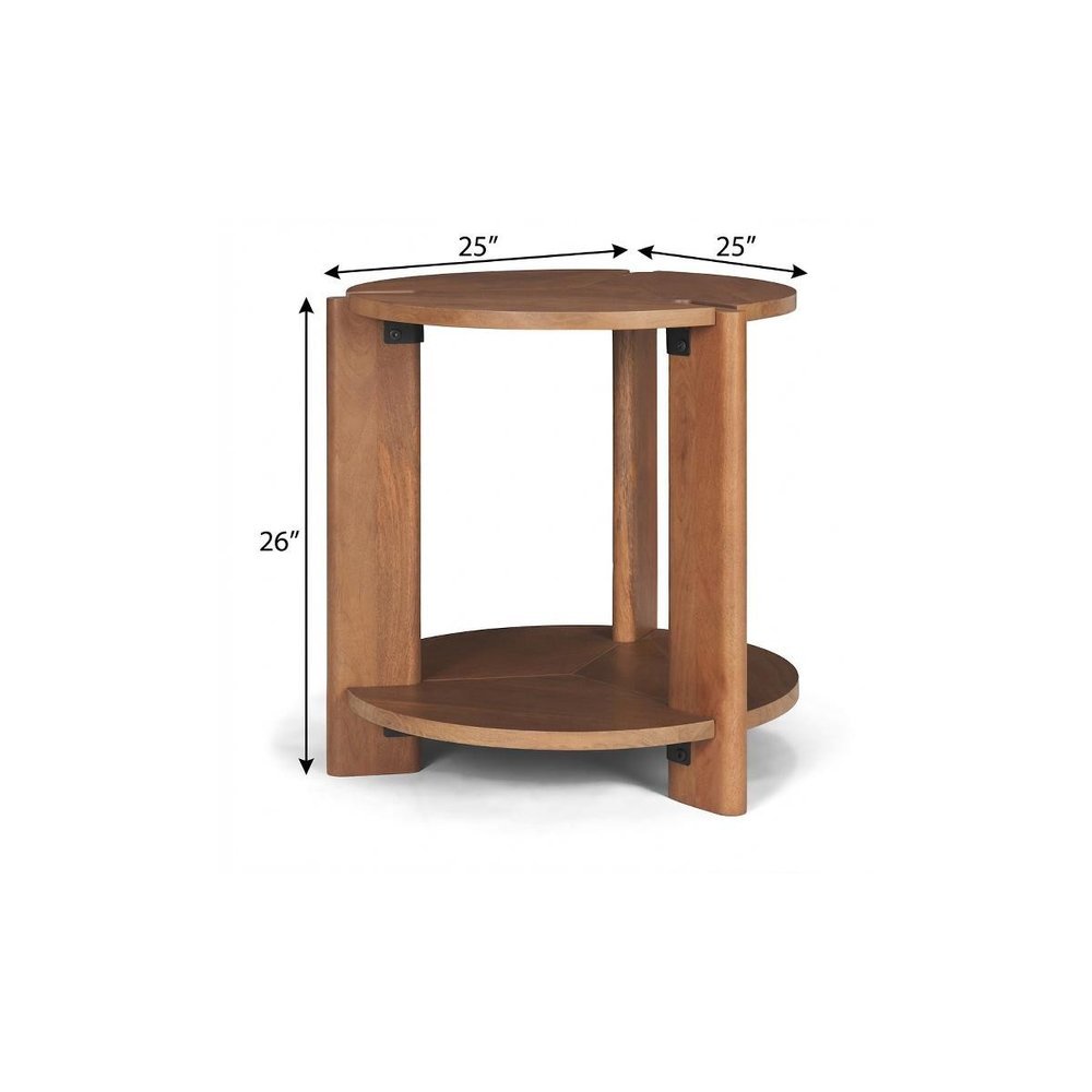 26" Brown Solid Wood Round End Table With Shelf