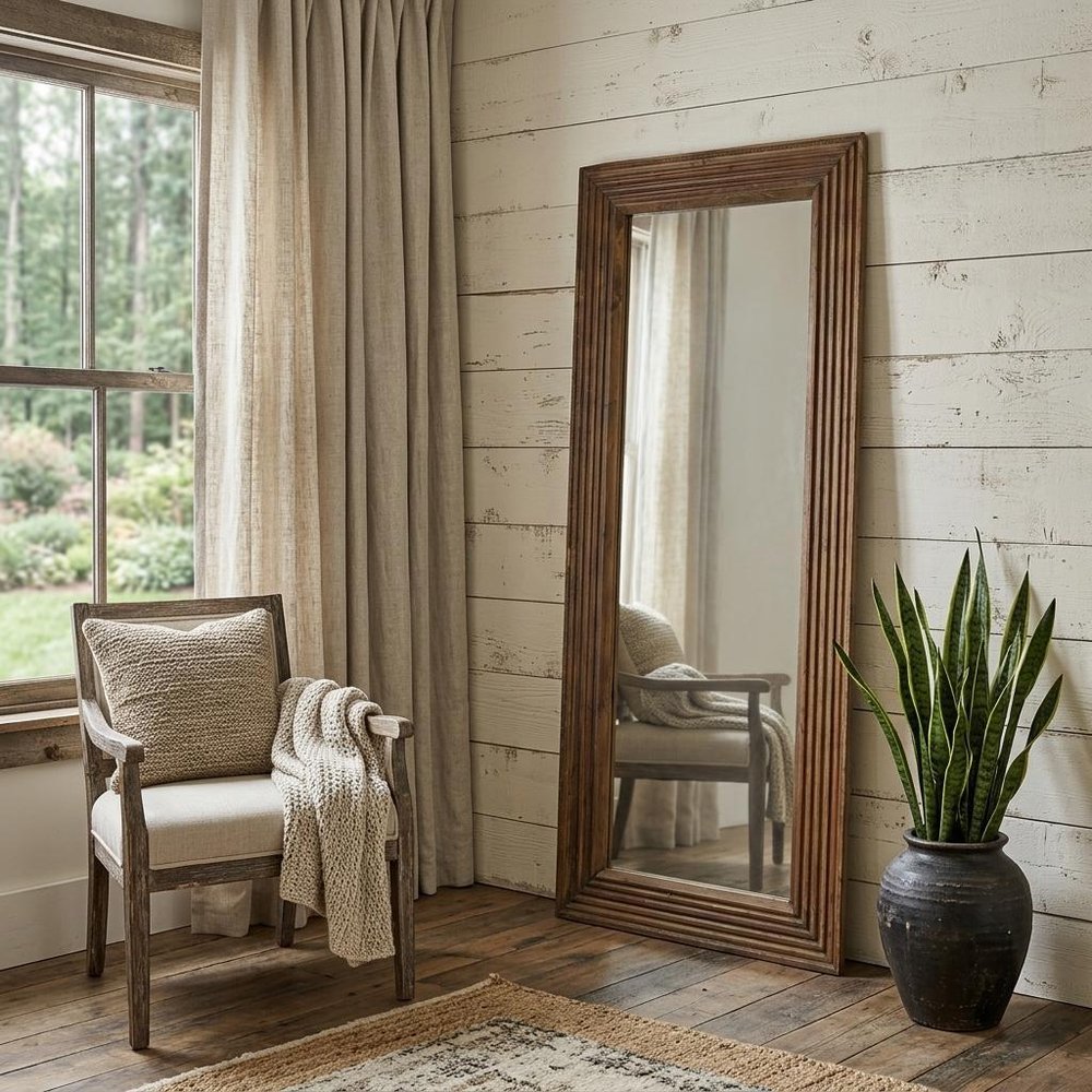 69" Brown Ribbed Solid Wood Wall Mounted And Leaning Framed Full Length Mirror