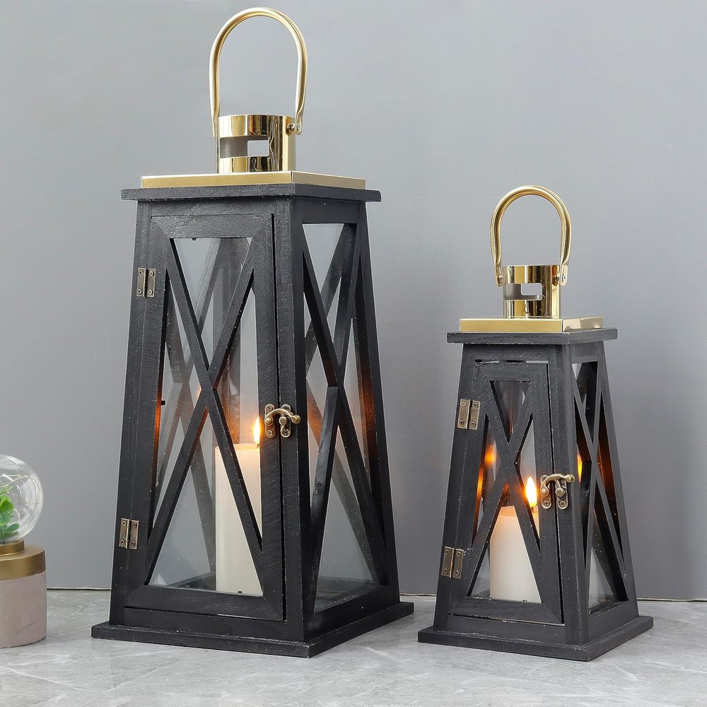 Set of Two Black Distressed Glass Tabletop Lantern Candle Holders