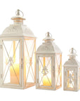 Set of Three White And Clear Filigree Scroll Metal And Glass Tabletop Lantern Candle Holders