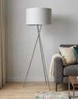 62" Beige Metal Tripod Floor Lamp With Beige Fabric Drum Shade