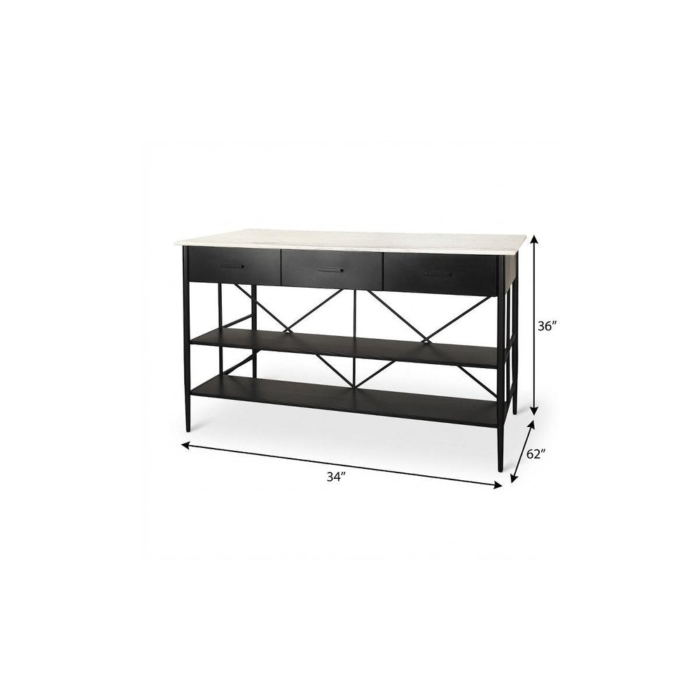 34" White and Black Marble and Metal Kitchen Island With Storage
