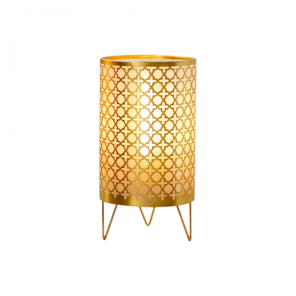 Set of Two 9" Gold Metal Pierced Quatrefoil Battery Powered Desk Lamps