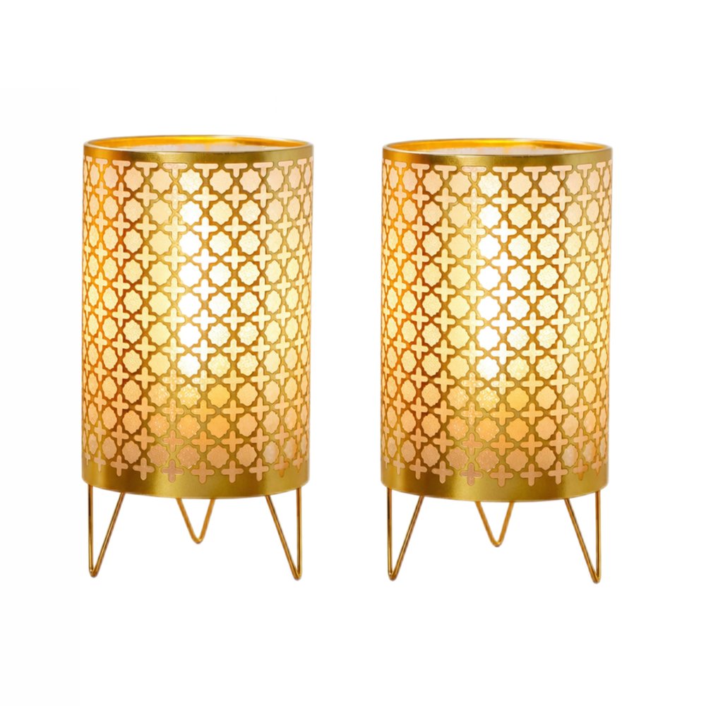 Set of Two 9" Gold Metal Pierced Quatrefoil Battery Powered Desk Lamps