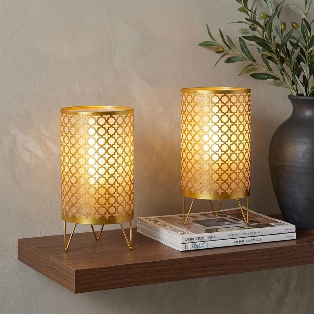 Set of Two 9" Gold Metal Pierced Quatrefoil Battery Powered Desk Lamps