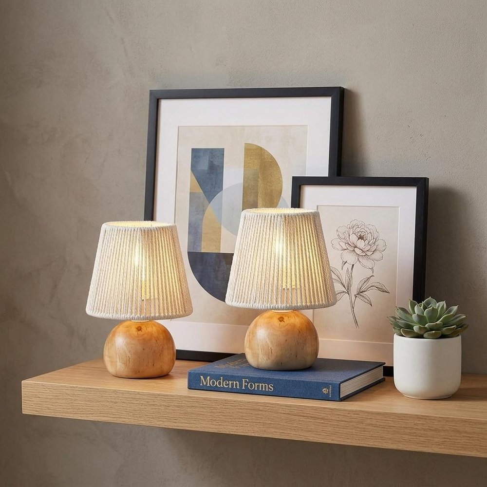 Set of Two 8" Brown Two Light Round Battery Powered Bedside Lamps With Empire Shades