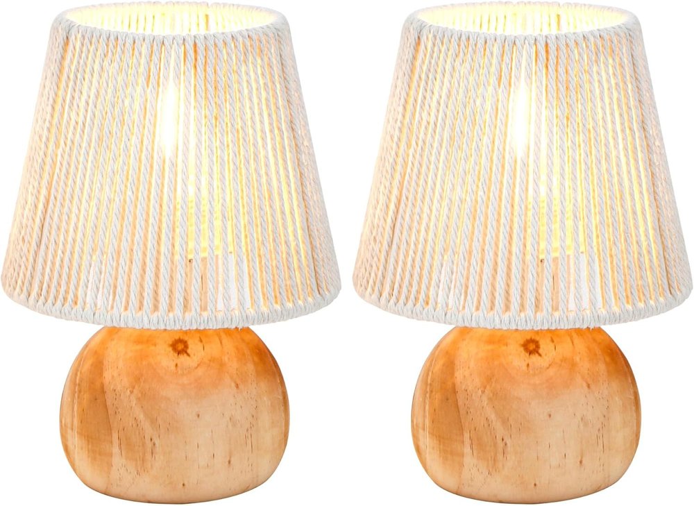 Set of Two 8" Brown Two Light Round Battery Powered Bedside Lamps With Empire Shades