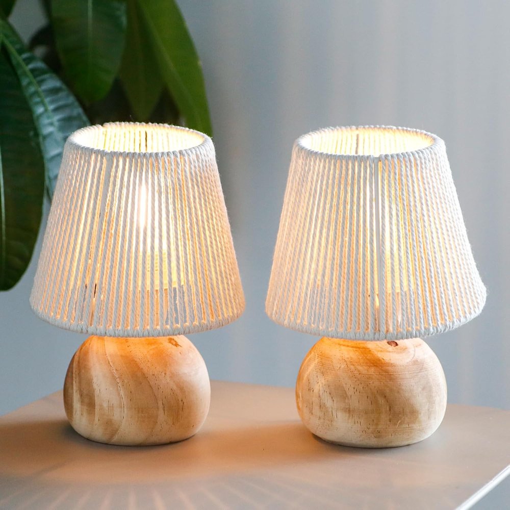 Set of Two 8" Brown Two Light Round Battery Powered Bedside Lamps With Empire Shades