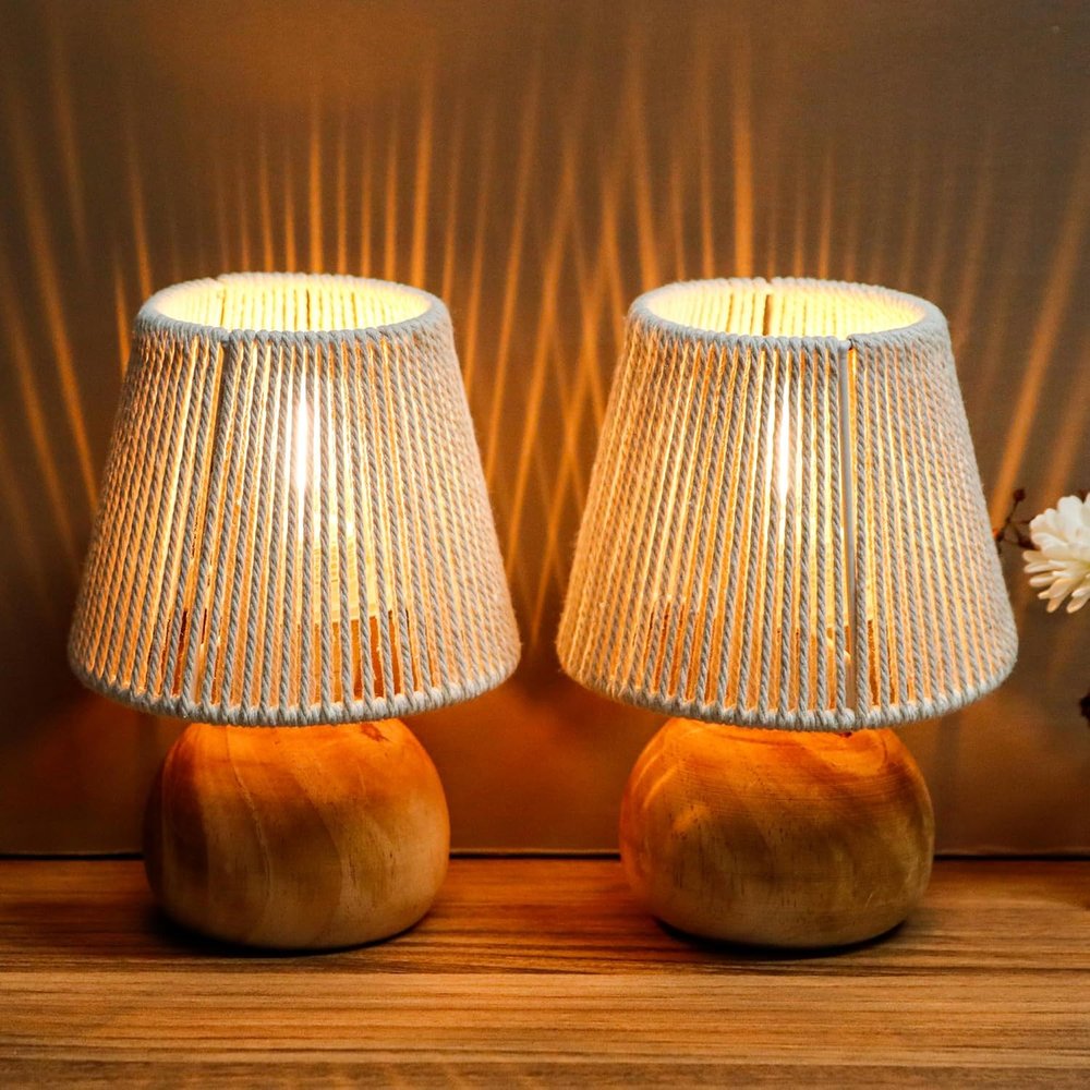 Set of Two 8" Brown Two Light Round Battery Powered Bedside Lamps With Empire Shades