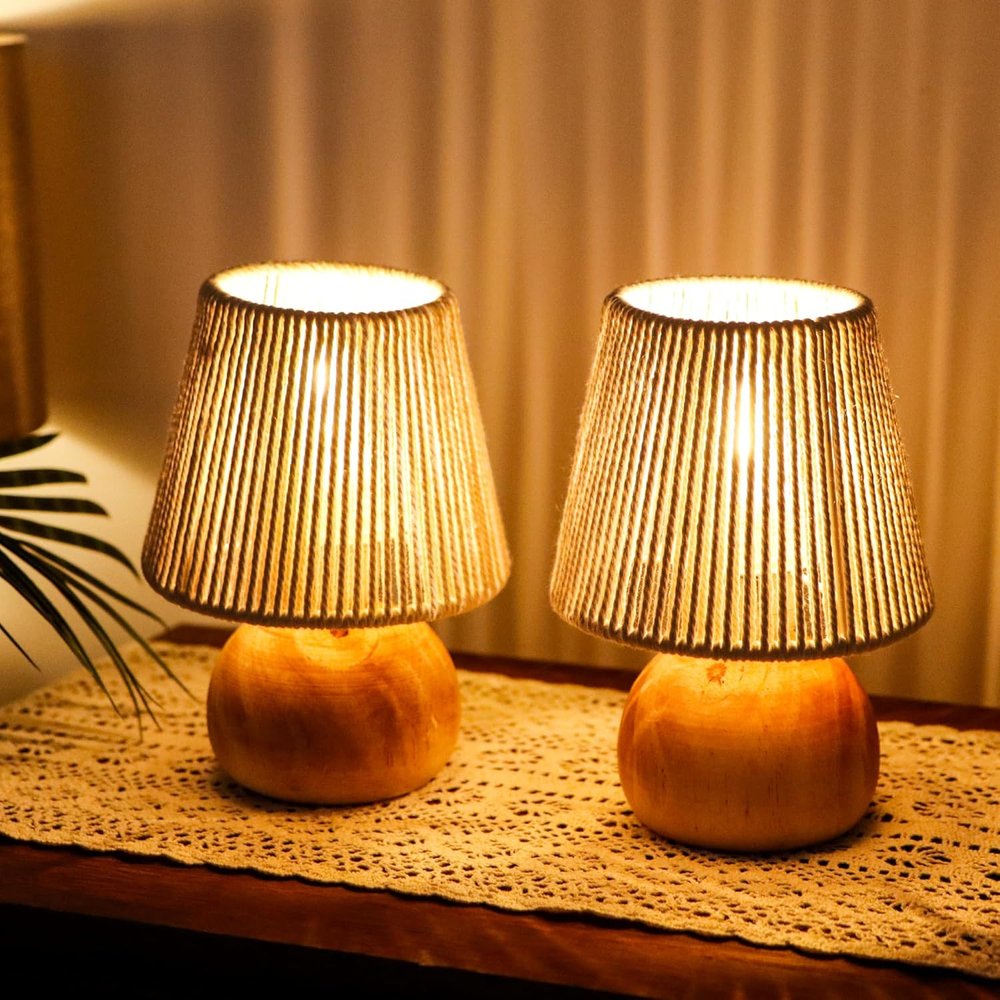 Set of Two 8" Brown Two Light Round Battery Powered Bedside Lamps With Empire Shades