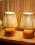 Set of Two 8" Brown Two Light Round Battery Powered Bedside Lamps With Empire Shades