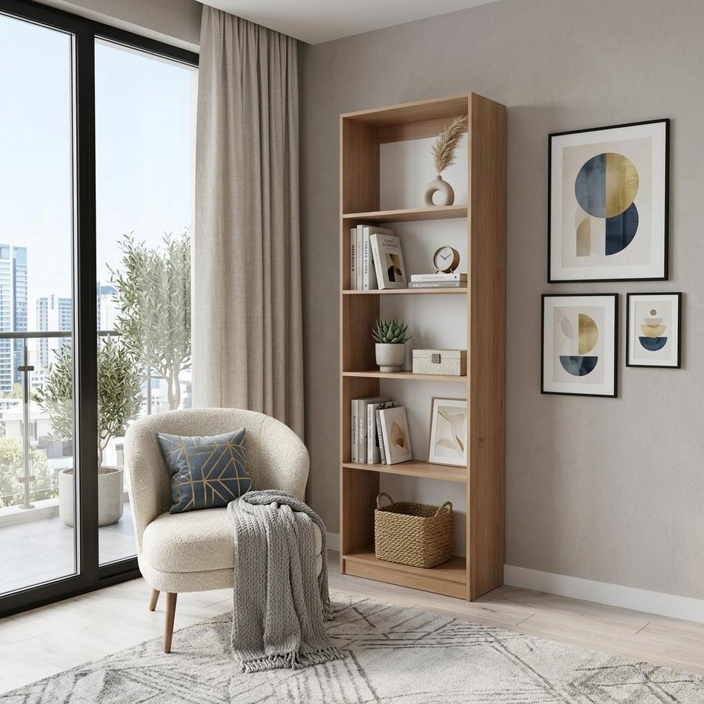 71" Beige Wood Five Tier Bookcase