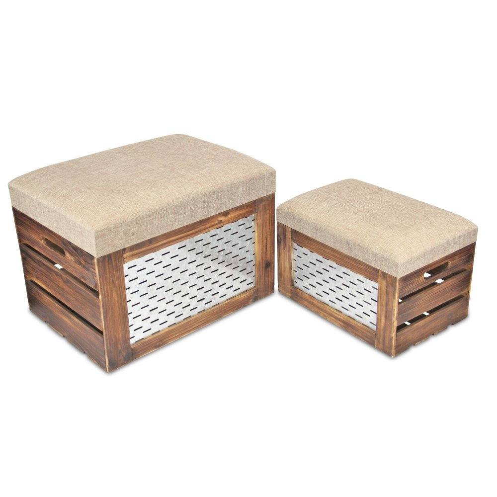 Set of Two 21" Beige And Brown Linen And Solid Wood Upholstered Distressed Storage Entryway Stool With Flip Top
