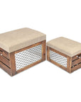 Set of Two 21" Beige And Brown Linen And Solid Wood Upholstered Distressed Storage Entryway Stool With Flip Top