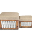 Set of Two 21" Beige And Brown Linen And Solid Wood Upholstered Distressed Storage Entryway Stool With Flip Top