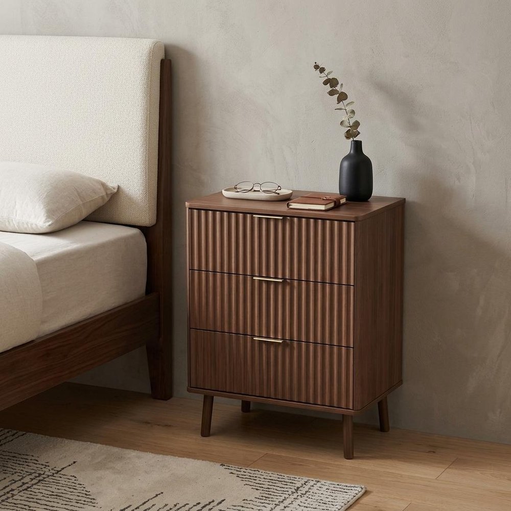 30" Brown Wood Ribbed Texture Three Drawer Nightstand With USB