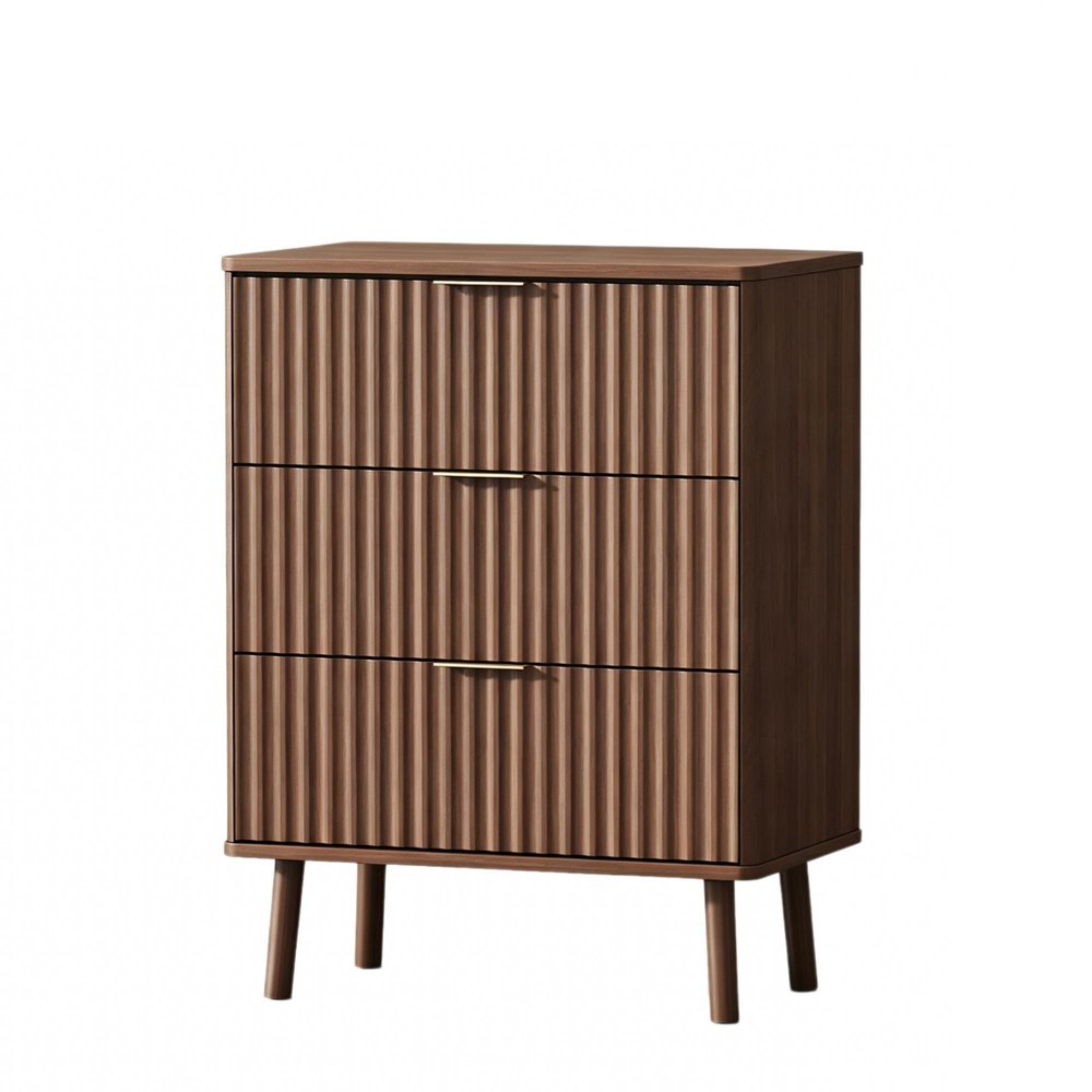 30" Brown Wood Ribbed Texture Three Drawer Nightstand With USB