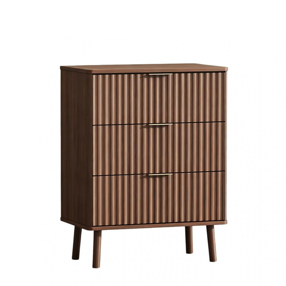 30" Brown Wood Ribbed Texture Three Drawer Nightstand With USB