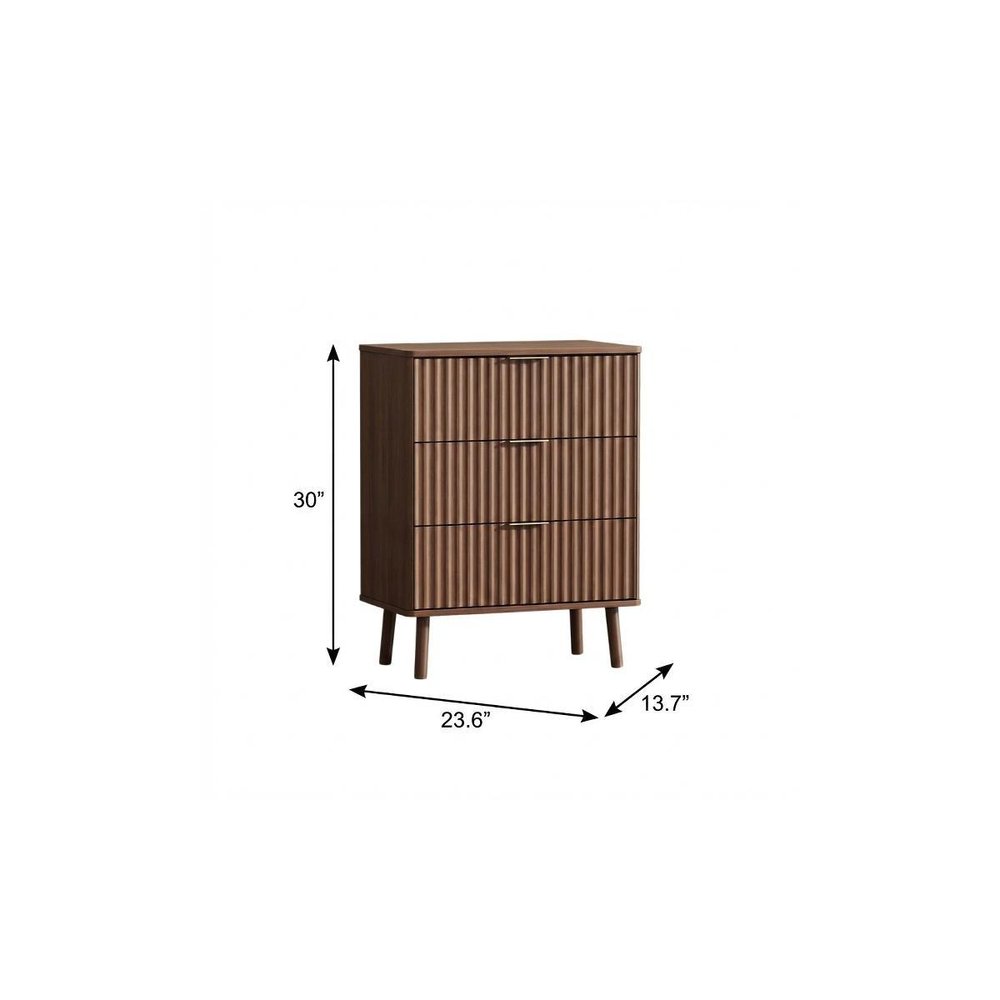 30" Brown Wood Ribbed Texture Three Drawer Nightstand With USB
