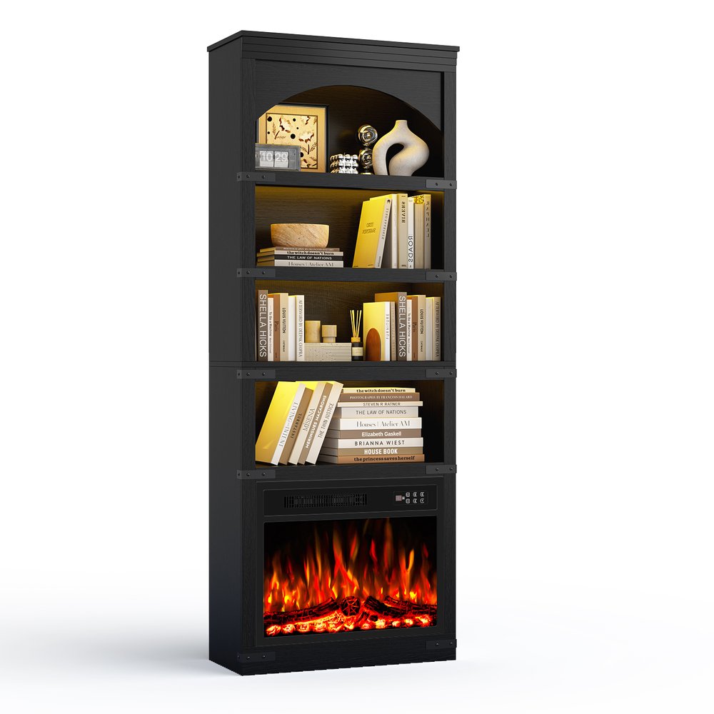 70" Black Wood Four Tier USB Bookcase
