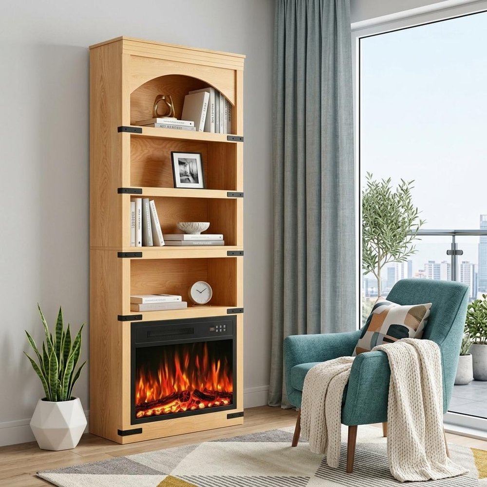 70" Natural Wood Four Tier USB Bookcase