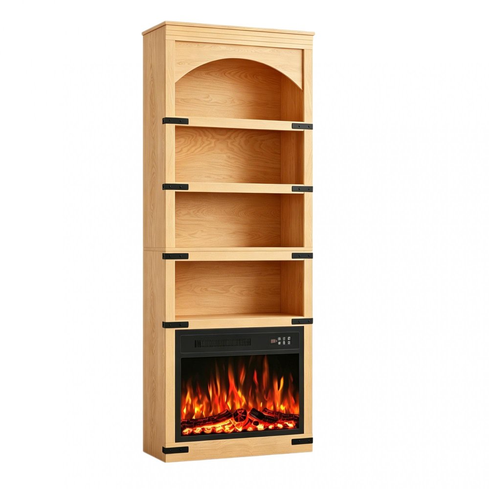 70" Natural Wood Four Tier USB Bookcase